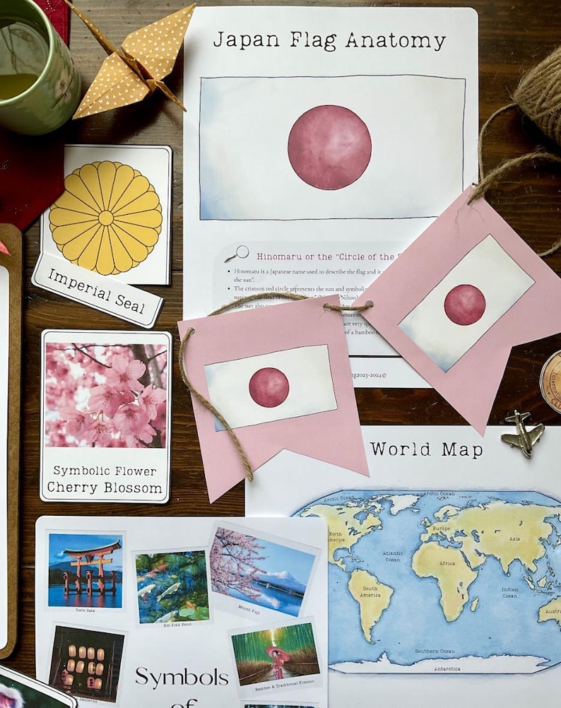 May include: A printable educational activity about the Japanese flag. The activity includes a world map, a diagram of the flag, and a description of the flag's symbolism. The flag is red and white with a red circle in the center. The text on the page reads 'Japan Flag Anatomy', 'Hinomaru or the 'Circle of the Sun'', 'Imperial Seal', 'Symbolic Flower Cherry Blossom', 'Symbols of', and 'World Map'.