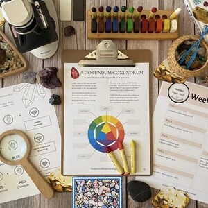 Puede incluir: Vista cenital de un kit de estudio de geología con rocas, minerales y materiales educativos. Incluye un microscopio, una lupa, un diagrama de rueda de color y un libro titulado "My Book of Rocks and Minerals".