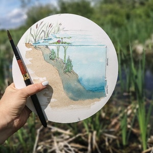 May include: A watercolour painting on a round canvas depicting a cross-section of a lake or pond. The painting shows the water's edge, the water surface, and the underwater area. The water's edge is a sandy bank with green plants growing on it. The water surface is blue and has lily pads and a pink flower. The underwater area is a darker blue and has green plants growing on the bottom. The painting is labelled with the words "emergent" and "benthic".