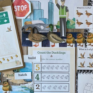 Peut inclure: Une feuille de travail imprimable pour les enfants avec une activité de comptage de canetons. La feuille de travail contient les mots 'Compter les canetons' et 'Colorier le bon nombre' et comprend un certain nombre de canetons à compter. La feuille de travail comprend également un panneau d'arrêt, une voiture et un policier.