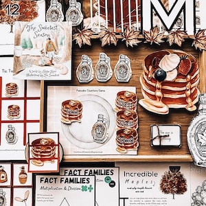 May include: A wooden tray displays pancake-themed educational materials. There are illustrations of pancakes, maple syrup bottles, and the text "The Sweetest Season." The tray also includes the text "Fact Families" and "Incredible Maples."
