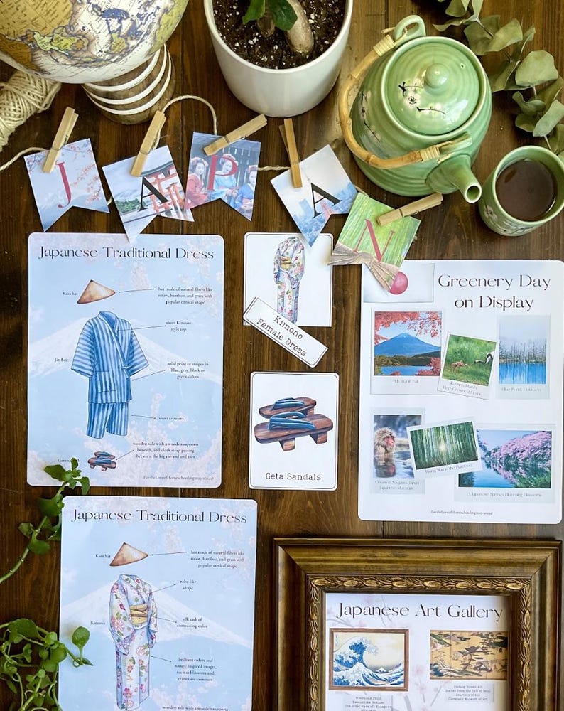 May include: A collection of Japanese themed educational posters. The posters are printed on white paper with colorful illustrations and text. The posters include information about traditional Japanese dress, geta sandals, and greenery day. The posters are displayed on a wooden surface with a globe, a teapot, and a cup of tea.