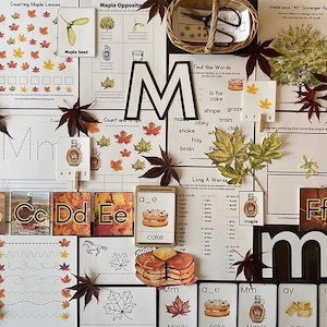 May include: A collection of educational materials with a fall theme. The image includes flashcards, worksheets, and wooden letter blocks. The color palette features warm tones of brown, orange, and yellow, with maple leaves and cake illustrations.
