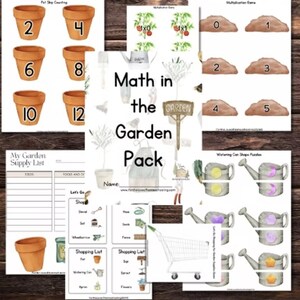 May include: A set of printable educational resources with a garden theme. Includes counting pots, multiplication games, shape puzzles, and a garden supply list. The title "Math in the Garden Pack" is displayed prominently.