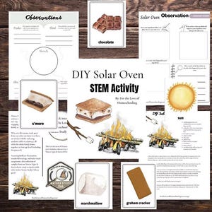 May include: Educational resources for a DIY solar oven STEM activity, featuring illustrations of chocolate, s'mores, marshmallows, graham crackers, a campfire, and a sun. Text includes "DIY Solar Oven STEM Activity" and "Nature Study Club".