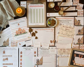 May include: A gingerbread house building activity kit with printable worksheets, gingerbread house planning, gingerbread man matching, gingerbread measuring, gingerbread structural testing, and a gingerbread house certificate of engineering. The kit includes a gingerbread baby book, a gingerbread bake shop chart, and a gingerbread house planning sheet.
