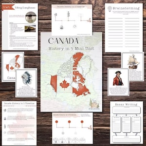 Peut inclure: Un ensemble de documents pédagogiques sur une surface en bois. La pièce maîtresse est une carte du Canada avec le texte "CANADA History in 5 Mini Unit". D'autres feuilles comprennent des chronologies, des invites de remue-méninges et des instructions d'artisanat. La palette de couleurs est principalement rouge, blanc et noir.