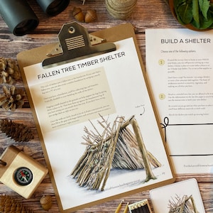 May include: A printable worksheet with instructions on how to build a fallen tree timber shelter. The worksheet includes a hand-drawn illustration of the shelter and a list of materials needed. The worksheet is titled "Fallen Tree Timber Shelter".
