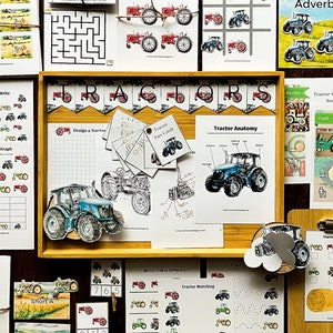 May include: A set of educational printable worksheets featuring tractors. The worksheets include activities such as counting, graphing, addition, and writing a story. The worksheets are designed for preschool and kindergarten children.