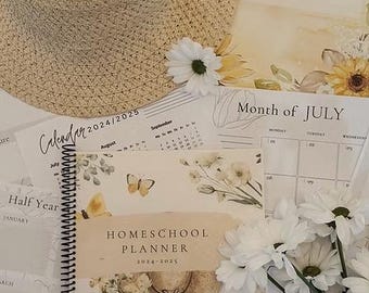 May include: A Homeschool Planner 2024-2025 with a straw hat, calendar pages, and white flowers. The planner features a floral and butterfly design. Additional pages include a calendar for July and a "Morning Routine" checklist.