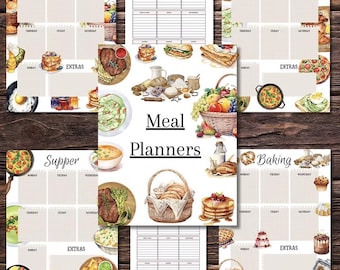 May include: A collection of meal planners with watercolor illustrations. The planners include sections for breakfast, lunch, supper, and baking, along with a grocery list. Each planner features a weekly layout with space for notes and extras.