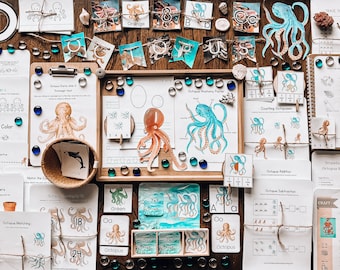 May include: A collection of printable educational resources for children featuring an octopus theme. The resources include counting, addition, subtraction, tracing, and matching activities. There are also craft ideas and a printable anatomy poster.
