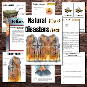 May include: Educational materials on natural disasters, including forest fires and volcanoes. The central image shows a watercolor illustration of a forest fire. Other pages detail soil layers, the fire triangle, and wildfire preparedness.