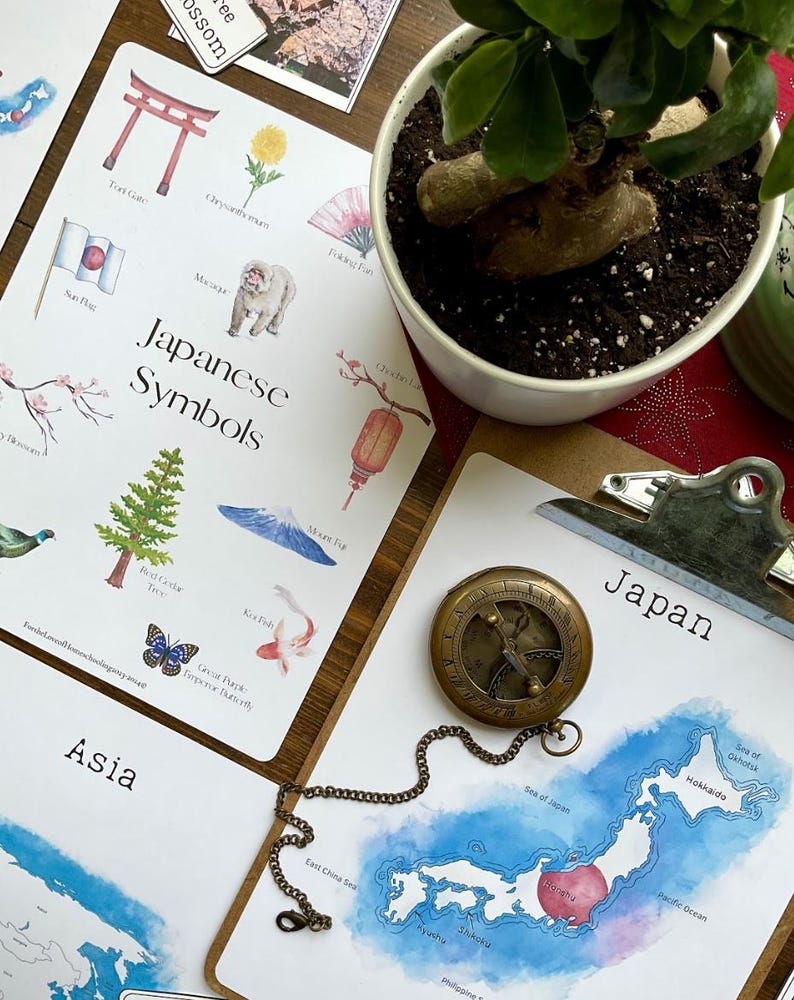 May include: A set of educational flashcards with watercolor illustrations of Japanese symbols and a map of Japan. The flashcards feature images of a red torii gate, a cherry blossom branch, a Japanese maple tree, a mountain, a koi fish, a butterfly, a fan, a monkey, a lantern, and a traditional Japanese house. The map of Japan shows the islands of Hokkaido, Honshu, Shikoku, and Kyushu. The text on the flashcards includes the words 'Japanese Symbols', 'Asia', and 'Japan'. 