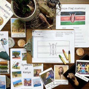 Può includere: Un set di materiali didattici per imparare a conoscere il Kenya. I materiali includono un foglio di lavoro stampabile sull'anatomia della bandiera, una pagina da colorare della bandiera keniota e diverse flashcard che rappresentano simboli del Kenya, come il baobab, il rullo dal petto lilla e il leone africano.