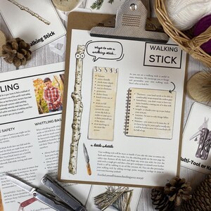 May include: A printable worksheet with instructions on how to make a walking stick. The worksheet includes a list of uses for a walking stick, a section on knife safety, and a drawing of a walking stick with a little whistle.