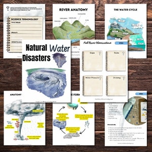 May include: A set of printable educational worksheets for kids about natural water disasters, river anatomy, and the water cycle. The worksheets feature colorful illustrations and diagrams, along with text boxes for students to fill in their observations and answers.