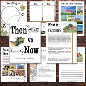 May include: A colorful educational chart comparing farming practices from the 1700s to the present day. The chart includes a Venn diagram, a timeline, and illustrations of farming equipment. The text "Then vs Now" is featured prominently. The chart is designed for homeschooling.