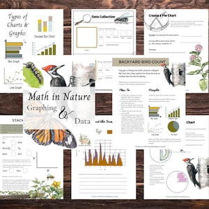 May include: A set of printable worksheets for teaching math concepts using nature. The worksheets feature colorful illustrations of butterflies, birds, and bees, along with charts and graphs. The worksheets are titled "Math in Nature: Graphing & Data".