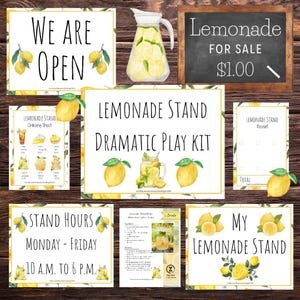 May include: A collection of lemonade stand themed signs and printables. Includes a sign that says "We Are Open", a chalkboard sign that says "Lemonade For Sale $1.00", and a sign that says "Lemonade Stand Dramatic Play Kit".