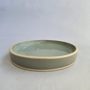 Peut inclure: Un plat rond en céramique avec un intérieur vert clair et un extérieur gris. Le bord du plat a une bordure de couleur crème. Le plat est de conception simple et moderne.