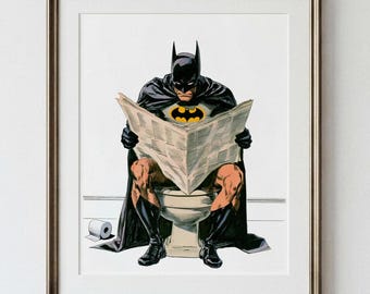 Superhelden striptekening | Toiletdecoratie | Grappig badkamercadeau | Downloadbare print