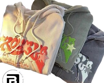 Sudaderas con capucha con bordado Retro para mujer, chaqueta holgada de manga larga con cremallera, abrigos Y2K, sudaderas con capucha de bolsillo informales, Otoño e Invierno