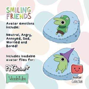 Puede incluir: Una ilustración digital de dos personajes de dibujos animados verdes con diferentes expresiones. Los personajes están sentados sobre formas de nubes azules, cosidas. El texto "SMILING FRIENDS" está en la parte superior de la imagen. El texto "Avatar emotions include: Neutral, Angry, Annoyed, Sad, Worried and Bored!" está debajo de los personajes. El texto "Includes loadable avatar files for: PNGtubert Veadotube" está en la parte inferior de la imagen. El texto "Avatar Collection" está en la esquina inferior derecha de la imagen.