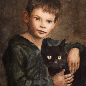 Dipinto bambino con gatto acquerello