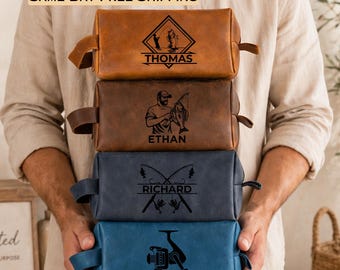 Personalized Leather Fishing Toiletry Bag, Custom Fisherman Dopp Kit, Engraved Men's Travel Bag, Customized Gift for Dad, Husband, Boyfriend