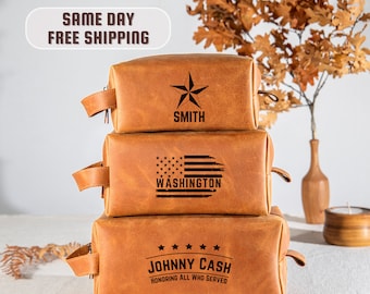Gift for Veteran, Personalized Leather Toiletry Bag, Military Graduation Gift for Men, American Flag Designs, Gift for Veteran, Soldier, Dad