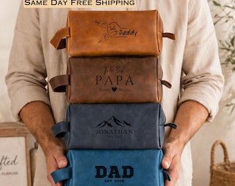 Personalized Leather Toiletry Bag for Dad, Custom Travel Dopp Kit, Father’s Day Gift from Kids, Groomsmen Gifts, Husband Him Grandpa Gifts