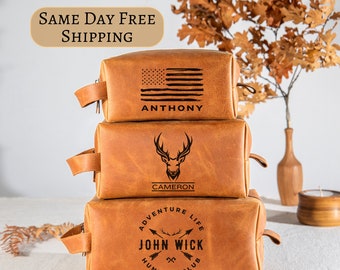 Personalized Leather Toiletry Bag, Deer Hunting Gift for Him, Deer Logo Engraved Dopp Kit, Travel Accessory for Hunters Valentine's Day Gift