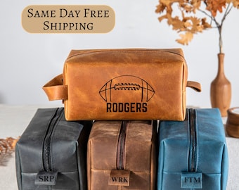 Football Personalized Leather Dopp Kit Mens Toiletry Bag for Football Players, Bulk Gifts for Teams, Coach Gift, Back to School Gift for Him