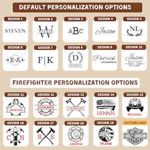 May include: A chart with 19 different designs for personalized wood products. The designs include names, initials, and logos. The chart is divided into two sections: "Default Personalization Options" and "Firefighter Personalization Options".