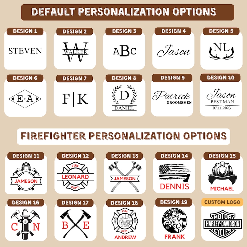 May include: A chart with 19 different designs for personalized wood products. The designs include names, initials, and logos. The chart is divided into two sections: "Default Personalization Options" and "Firefighter Personalization Options".