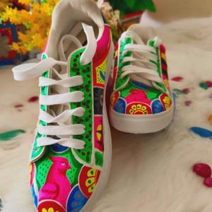 Hand Painted White Faux Leather Sneakers, Truck Art Trainers, Custom Name Shoes