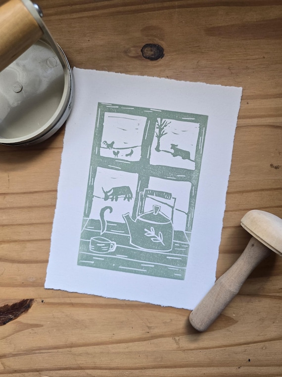Green Farmhouse Window Linocut Print: Country Life Farm Art Home Decor (6x8)