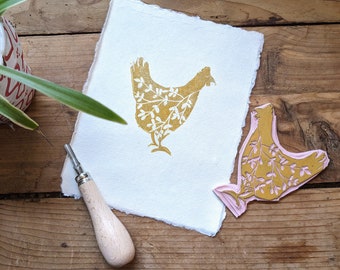 Botanical Chicken Linocut Print: Folk Art Cottagecore Decor