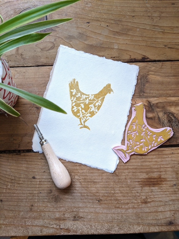 Original Botanical Chicken Hen Floral Print Linocut Linoprint - Folk Art Cottagecore Wall Home Decor Unique Carved Minimalist House Gift