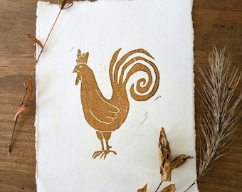 Rooster Linocut Print: Folk Art Chicken Illustration, 6x8