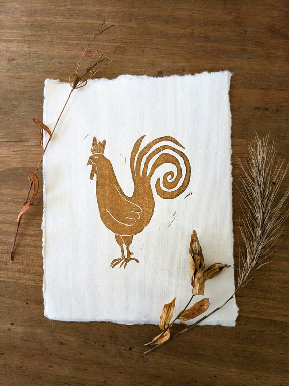 Original Rooster Chicken Print Linocut Linoprint - Folk Art Wall Home Decor Unique Carved Minimalist Housewarming Gift