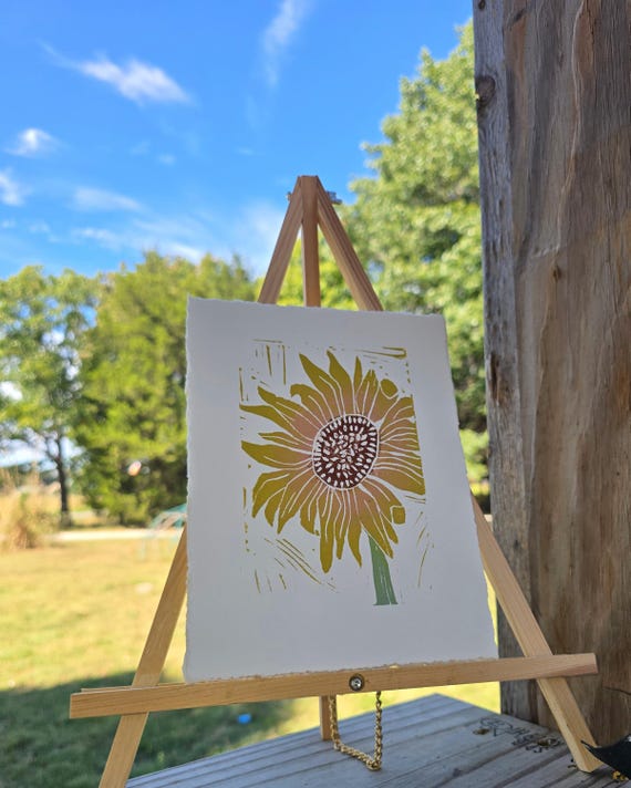Sunflower Linocut Print: Hand-Carved Floral Folk Art (6x8)