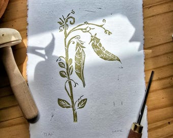 Garden Peas Linocut Print: Hand-Carved Folk Art (6x8)