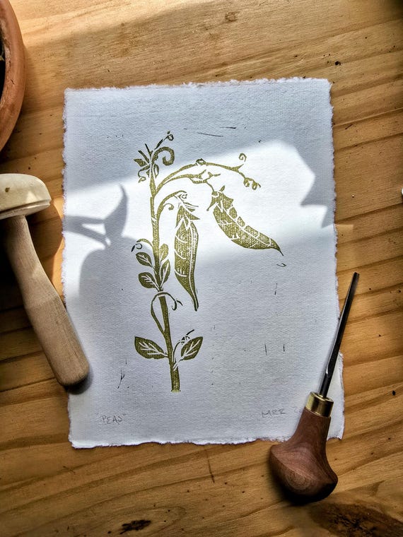 Original Garden Peas Print Hand Carved Linocut Linoprint - Folk Art Wall Home Decor Unique Carved Minimalist Housewarming Gift