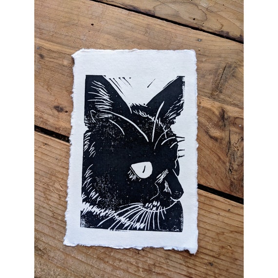 Original Black Cat Print Hand Carved Linocut Linoprint - Folk Art Wall Home Decor Unique Carved Minimalist Housewarming Gift