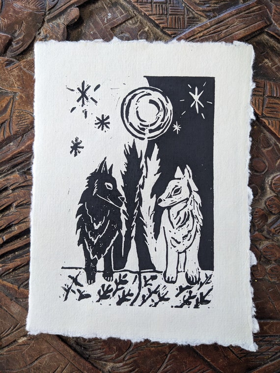 Original Wolf Print Linocut Linoprint - Folk Art Wall Home Decor Unique Carved Minimalist Housewarming Gift