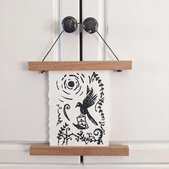 Original Bird Tea Print Linocut Linoprint - Folk Art Cottagecore Wall Home Decor Unique Carved Minimalist Housewarming Gift