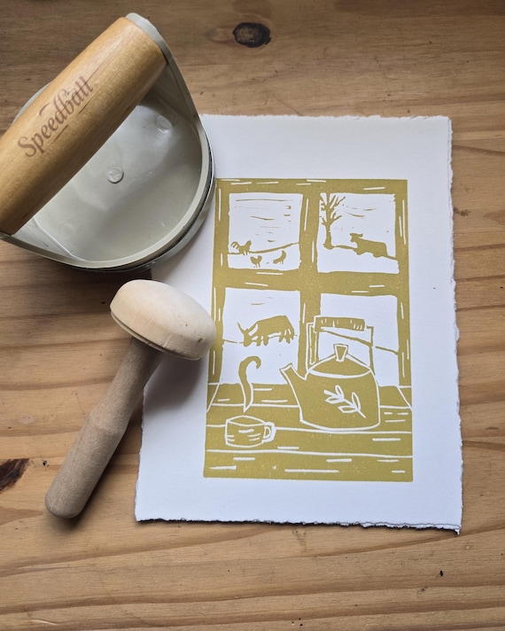 Yellow Farmhouse Window Linocut Print: Folk Art Home Decor (6x8)