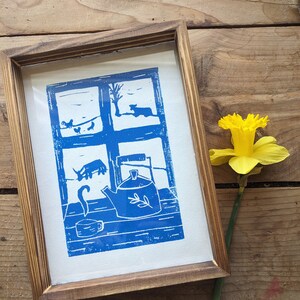 Blue Farmhouse Window Linocut Print: Folk Art Home Decor (6x8)